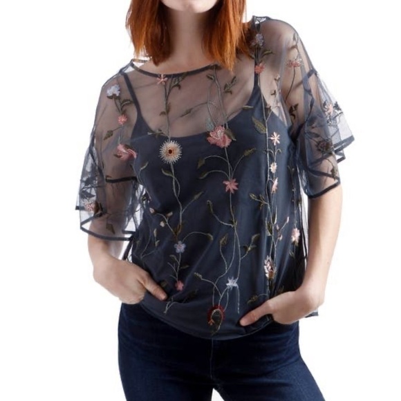 Lucky Brand Gray Mesh Floral Embroidered Top - Picture 1 of 6